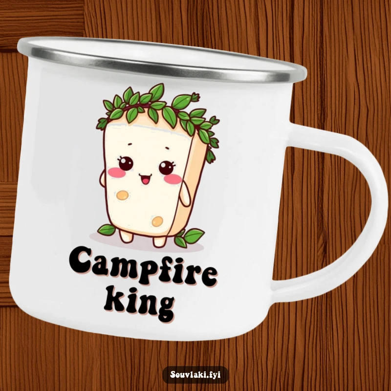 Funny feta cheese character comically trying to wear a tiny laurel wreath, on a rugged camping mug.