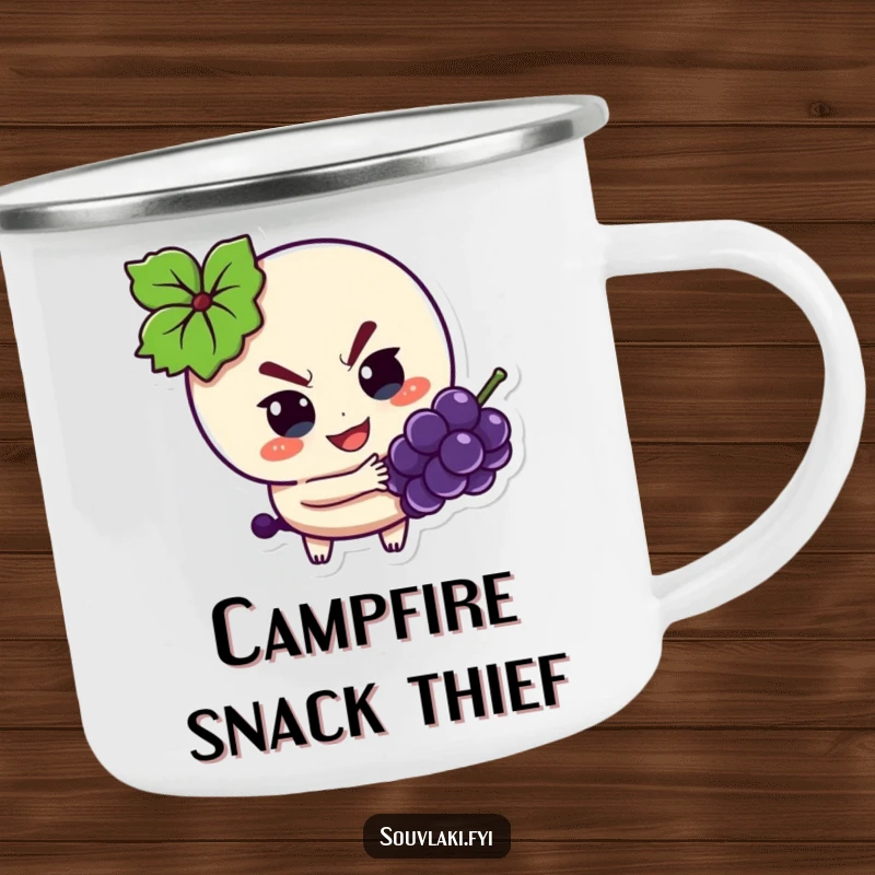 Funny Camping Mug: Souvlaki character with a mischievous look, sneakily reaching for a grape outdoors.