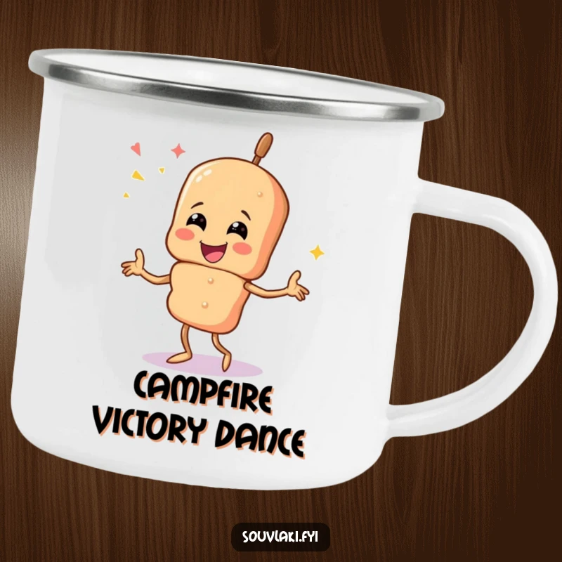 Funny souvlaki skewer character dancing happily, perfect for outdoor adventures on a camping mug.
