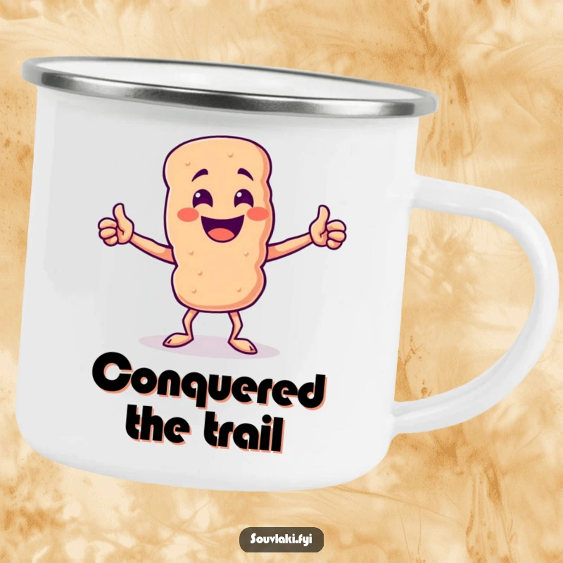 Funny Souvlaki Skewer Adventure Camping Mug: A proud souvlaki skewer strikes a triumphant pose, ready for outdoor fun.