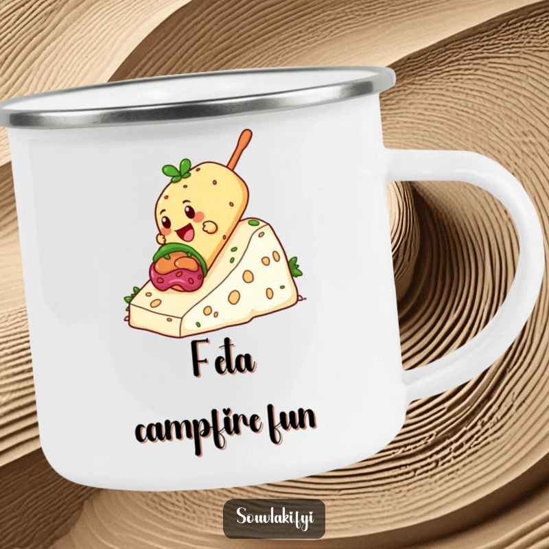 Funny Souvlaki Camping Mug with a giddy souvlaki sliding down a hill of feta cheese, perfect for humorous outdoor fun.