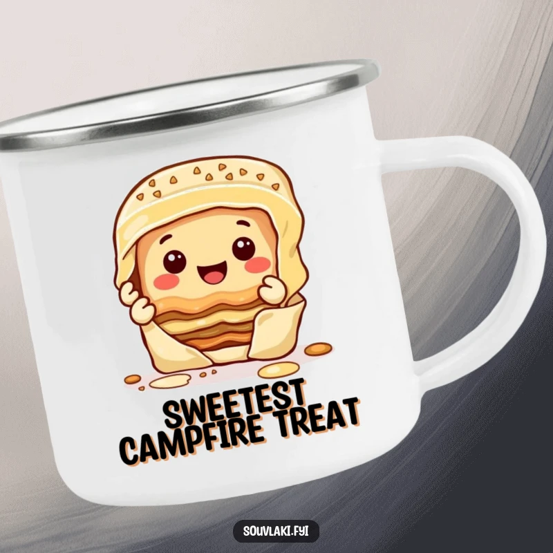 Funny happy baklava character peeling layers with a smile, on a rugged enamel camping mug.