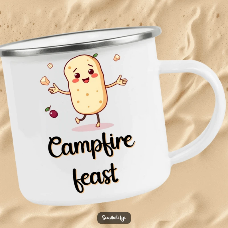 Funny camping mug with a dancing pita bread character juggling miniature olives and feta cheese, perfect for enjoying drinks outdoors cheerfully.
