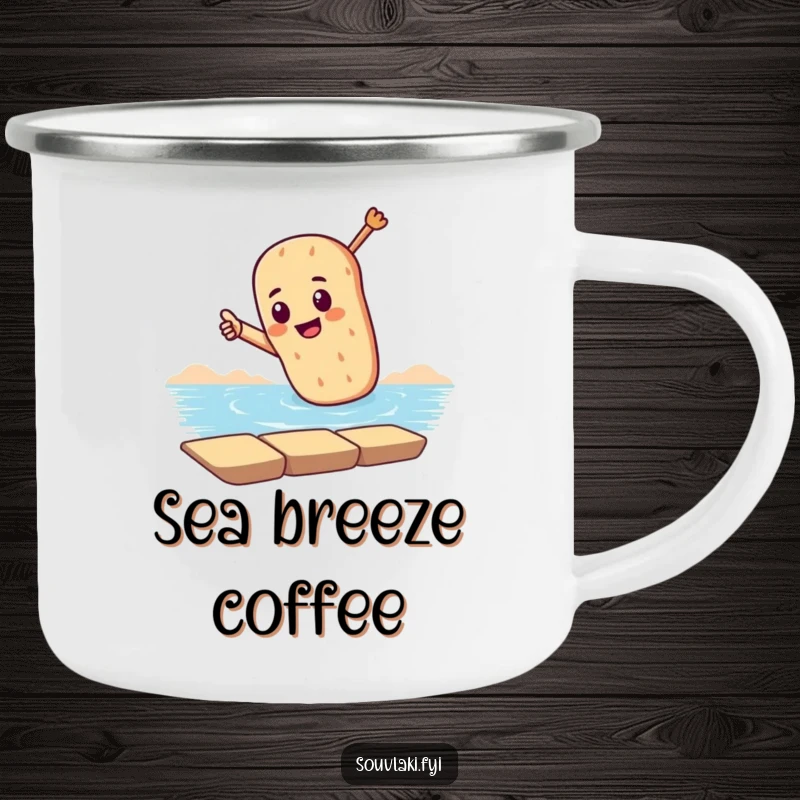Funny camping mug with a souvlaki dramatically pointing towards the sea, built for adventure and inspiring seaside dreams.