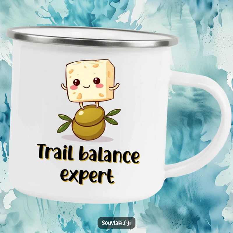Funny feta cheese camping mug depicting a cheerful cube character hilariously balancing on an olive, ideal for outdoor enthusiasts.