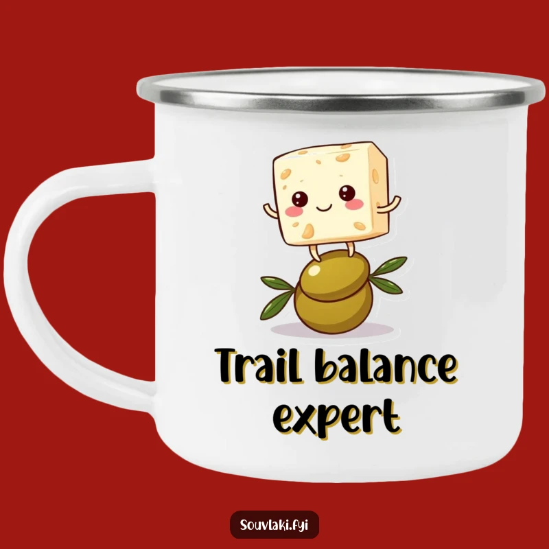 Funny Feta Cheese Camping Mug: Balancing Character on Olive, Outdoor Laughs Gift!