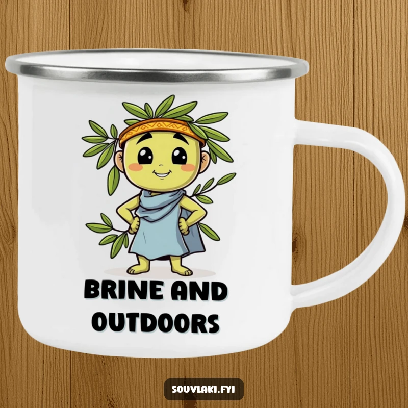 Funny Camping Mug: A proud olive character confidently leans and strikes a Greek pose, ideal for outdoor enthusiasts.
