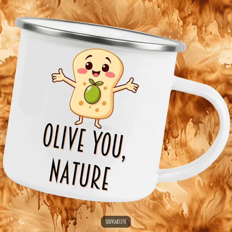 Funny camping mug with a cheerful pita bread character embracing a tiny olive, durable for cozy outdoor adventures.