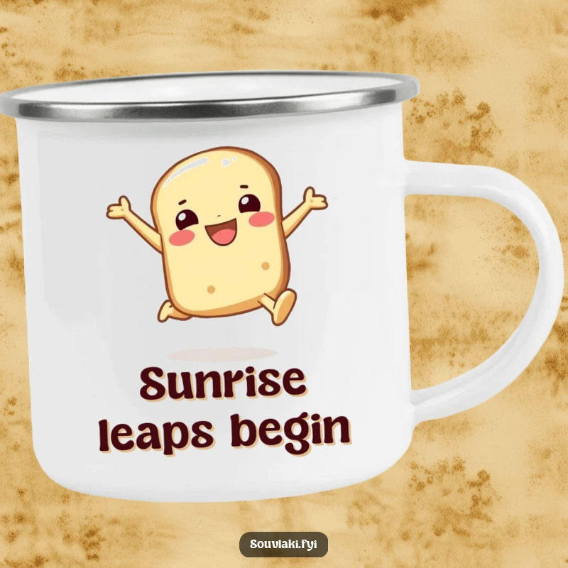 Funny pita bread camping mug depicting a smiling character in a joyful leap, ready for outdoor fun and laughter.