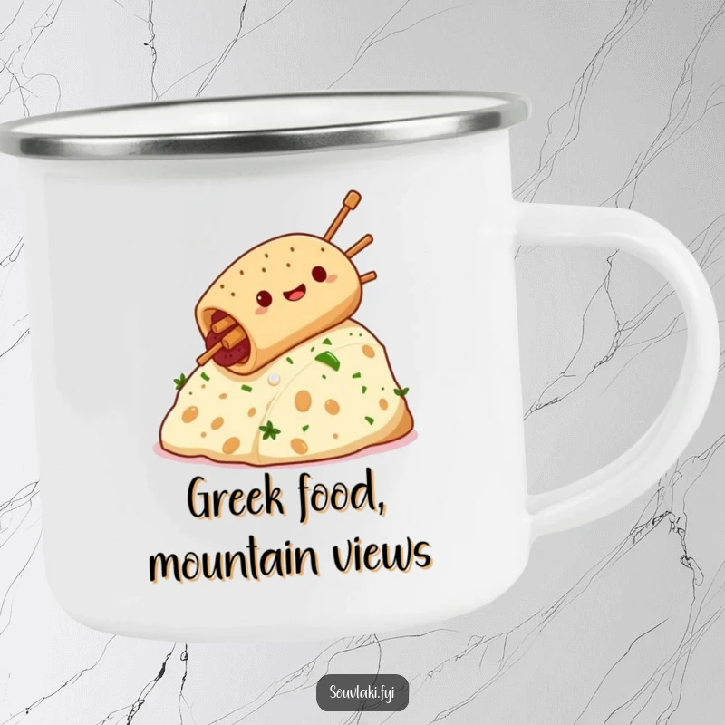 Funny souvlaki character slides down a feta cheese hill on a durable camping mug, perfect for outdoor humor.
