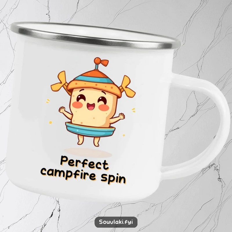 Funny camping mug with a souvlaki expertly spinning a gyros, a humorous and durable choice for outdoor cooking.