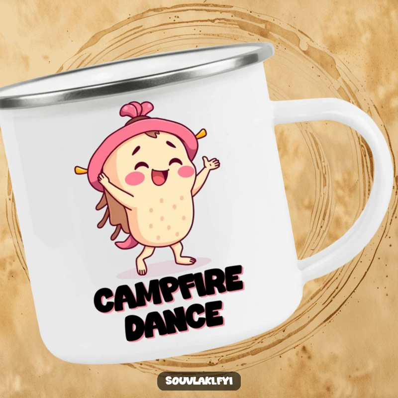 Funny Souvlaki Camping Mug: A souvlaki skewer character happily jigs, perfect for bringing humor to outdoor adventures.