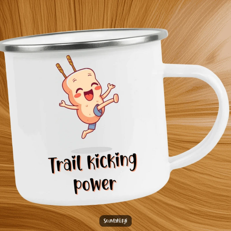 Funny souvlaki skewer character executing a high kick, perfect for outdoor use on a mug.