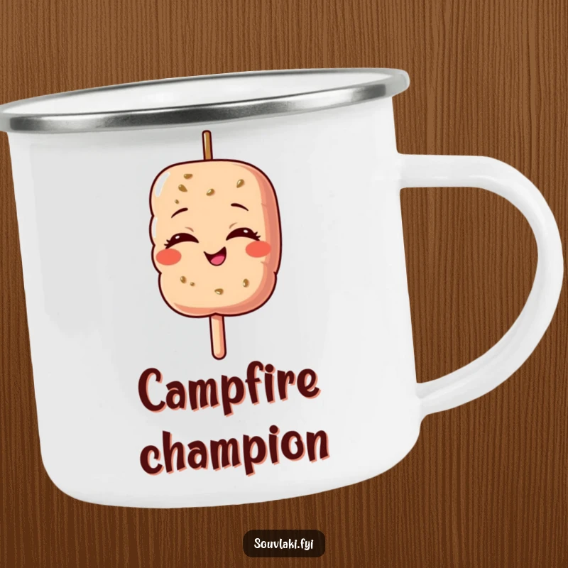 Funny camping mug of a souvlaki skewer character with closed eyes, beaming with pride around the campfire.