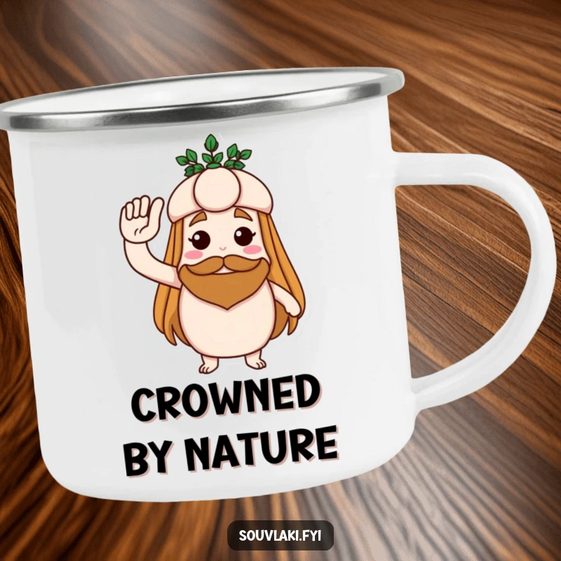 Funny camping mug with a souvlaki saluting with a laurel wreath, a humorous and durable choice for outdoor patriots.