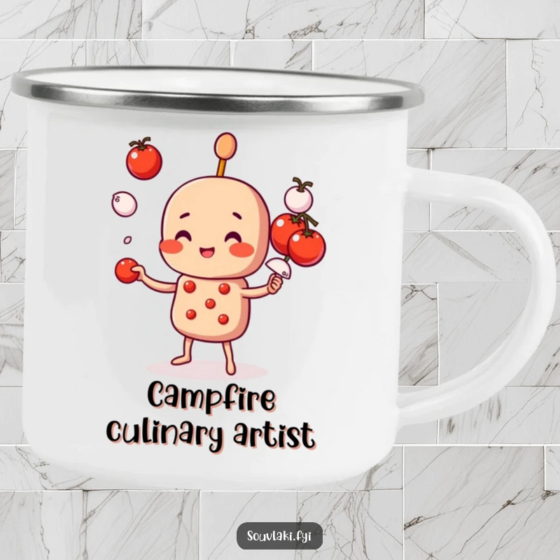 Funny Camping Mug: A souvlaki skewer juggles veggies, perfect for outdoor adventures. Humorous and robust.