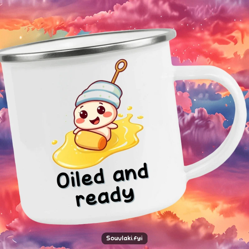 Funny souvlaki skewer character humorously sliding on olive oil on a camping mug, for outdoor fun.