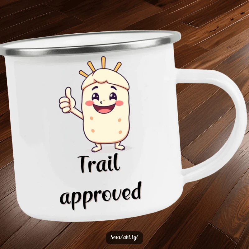 Funny camping mug of a happy souvlaki skewer character giving a vigorous thumbs-up, ready for the outdoors.