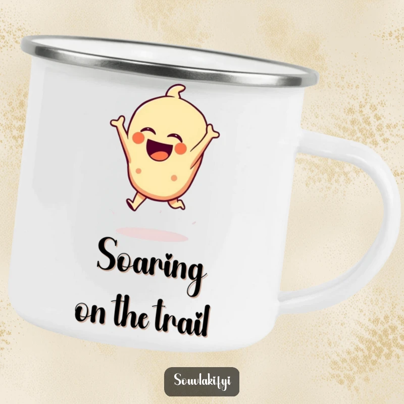 Funny Spanakopita Camping Mug: A laughing spanakopita character performs a dramatic leap during an outdoor scene, adding cheerful humor.