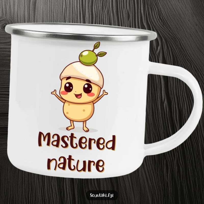Funny Camping Mug of a proud souvlaki character balancing a small olive, ready for any outdoor escapade.