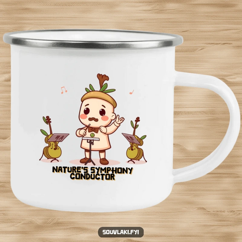 Funny camping mug of a souvlaki character conducting a tiny orchestra of olives playing instruments outdoors.