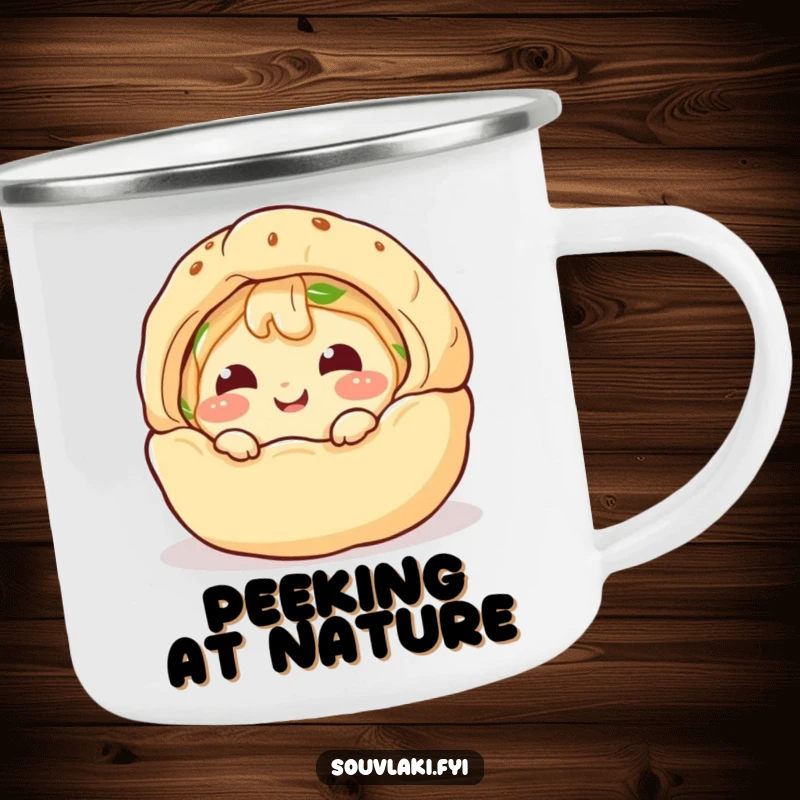 Funny Camping Mug: A giggling spanakopita character comically peeks from a puff pastry shell, perfect for outdoor enjoyment.