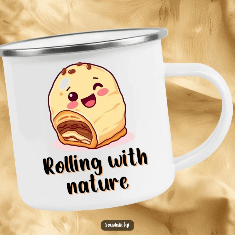 Funny Camping Mug: A happy baklava character with nutty layers comically attempts to roll downhill, perfect for outdoor enjoyment.