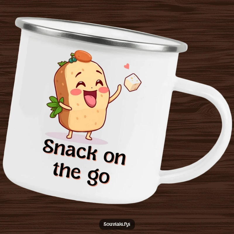 Funny Camping Mug: A souvlaki playfully tosses a tiny feta cube, ideal for adventures with humorous, foodie vibes.