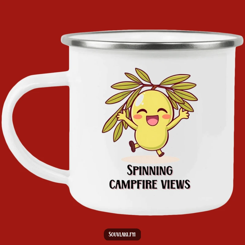 Funny Olive Spin Camping Mug: Joyful Character Outdoors