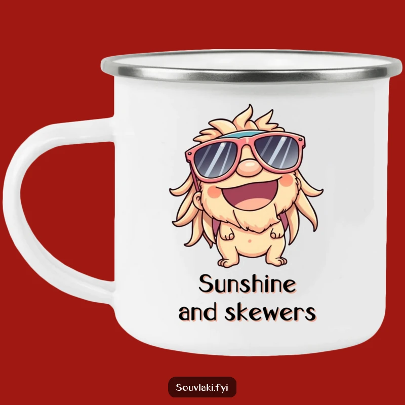 Funny Camping Mug: Souvlaki Character Enjoying Sunshine Outdoors