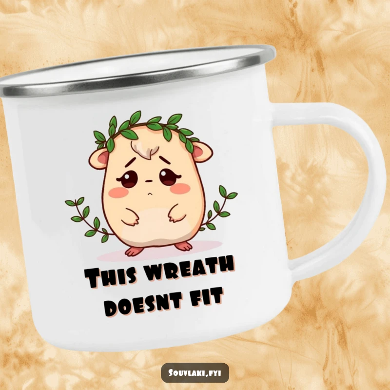 Funny Moussaka Camping Mug: A confused moussaka character tries to wear a small laurel wreath during an outdoor adventure, adding humor.