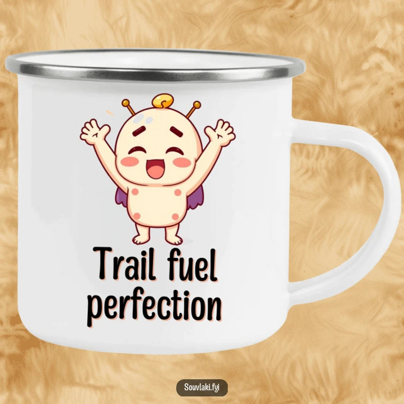 Funny souvlaki camping mug featuring a character exclaiming with joy and raised arms, perfect for outdoor merriment.