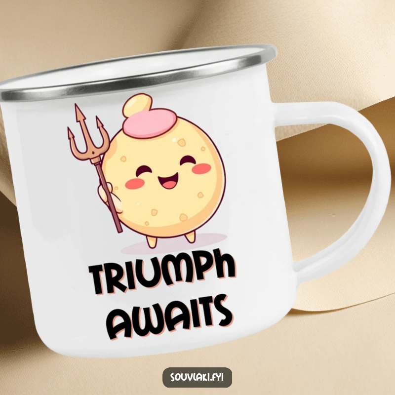Funny Camping Mug featuring a smiling, round fried pastry character holding a trident, perfect for rugged adventurers.
