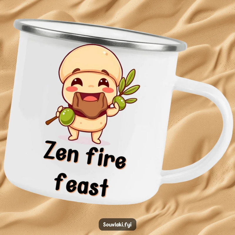 Funny Souvlaki Camping Mug with a souvlaki offering an olive branch, perfect for outdoor adventures and humorous sipping.