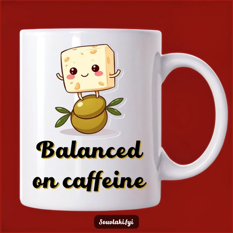 Funny Feta Cheese Mug: Balancing Character on Olive, Perfect Humorous Gift!