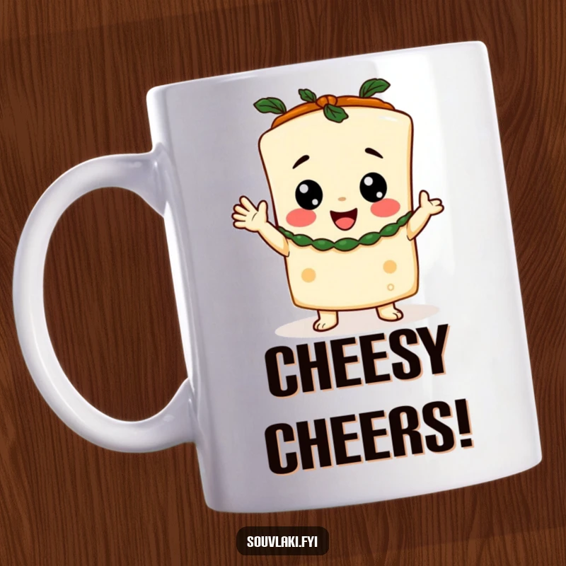 Funny Mug featuring a happy feta cheese character in a small toga, raising its arms in a cheerful toast.