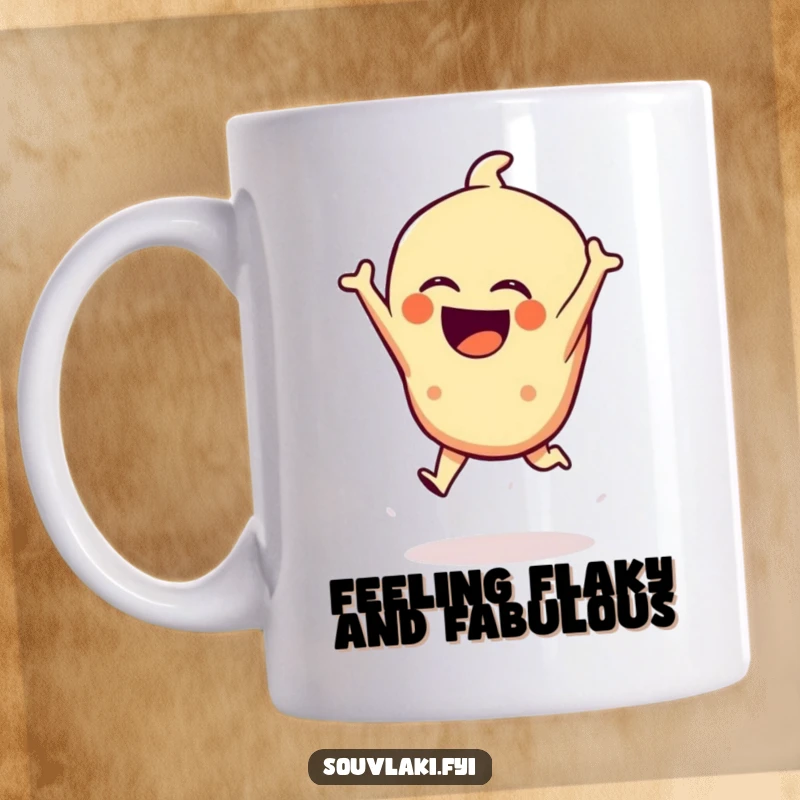 Funny Spanakopita Mug: A laughing spanakopita character executes a dramatic mid-air leap, showcasing pure, pastry-fueled joy.