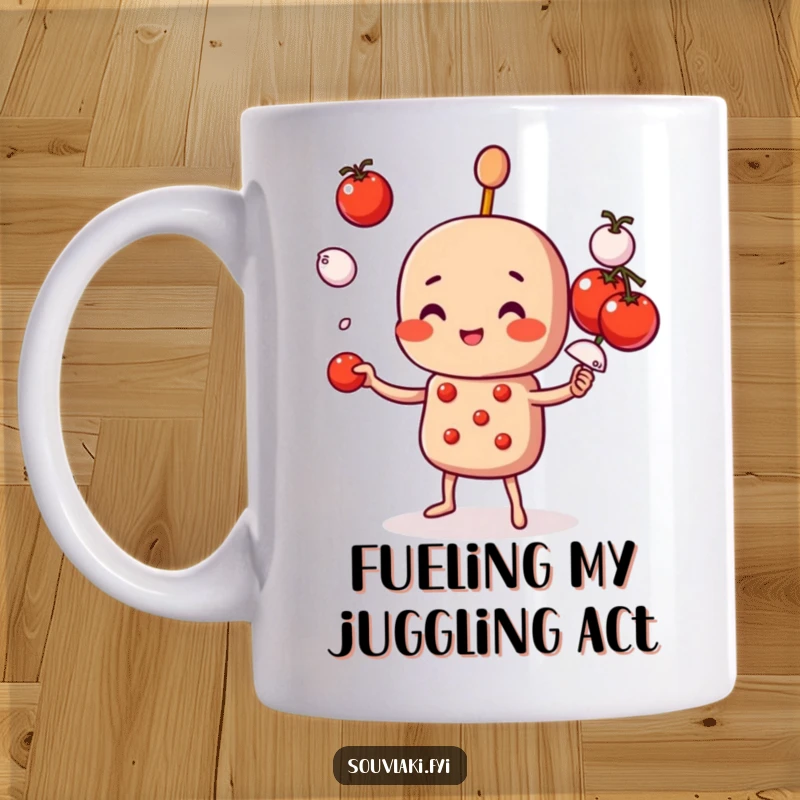 Funny Mug: A souvlaki skewer character juggles tiny tomatoes and onions with a smile. Hilarious foodie gift.