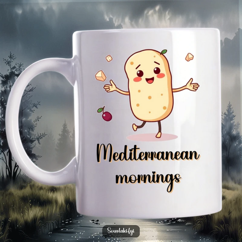 Funny mug depicting a dancing pita bread character with tiny arms, juggling miniature olives and feta cheese with glee.