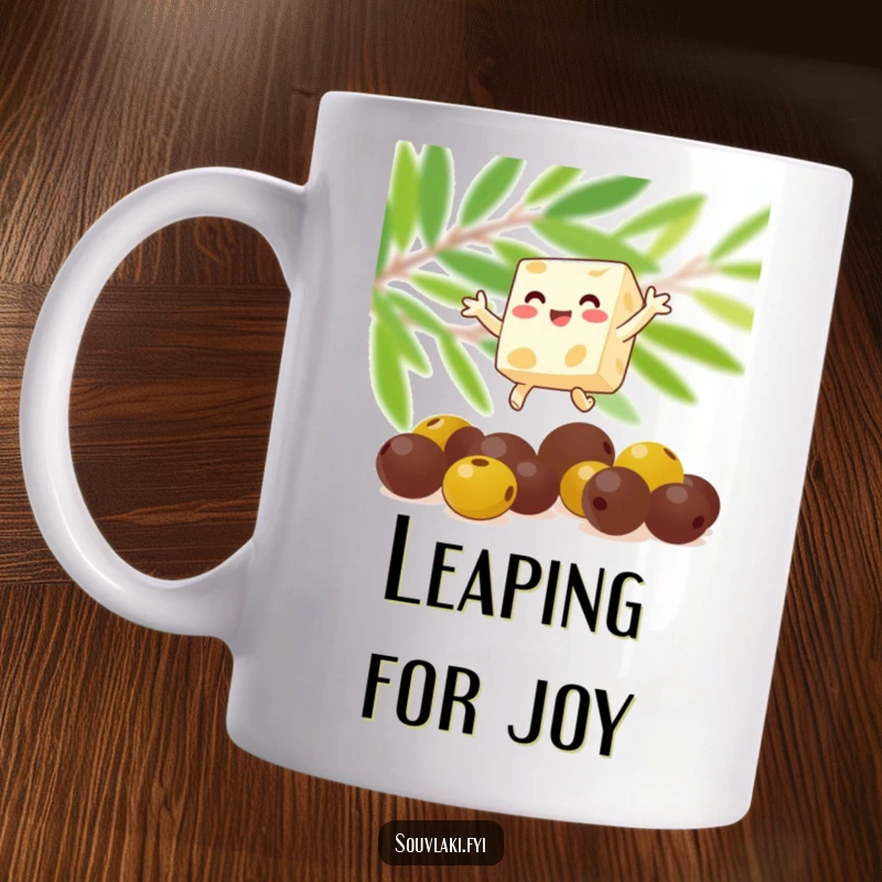 Funny feta cheese cube mid-leap over olives on a mug, expressing pure cheesy delight. A whimsical and humorous gift for foodies.