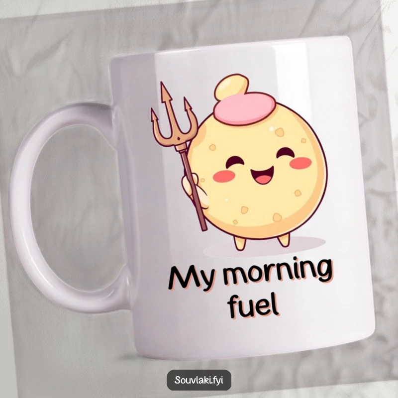 Funny Mug featuring a smiling, round fried pastry character holding a trident like a powerful god.