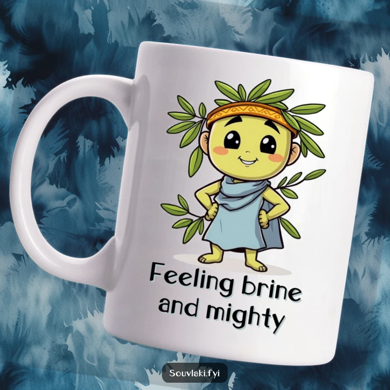 Funny Mug: Proud olive character confidently leans and strikes a classic Greek pose, exuding playful charm and humor.