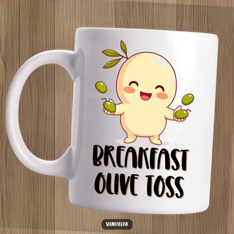 Funny Gyro Mug: A smiling gyro character skillfully juggles miniature olives, showcasing delightful culinary entertainment and humor.