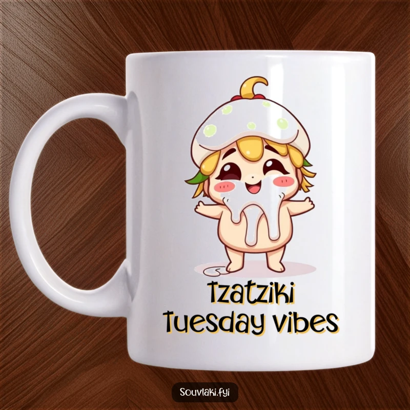 Funny giggling gyro character with tzatziki dripping playfully, bringing laughter to a coffee mug.