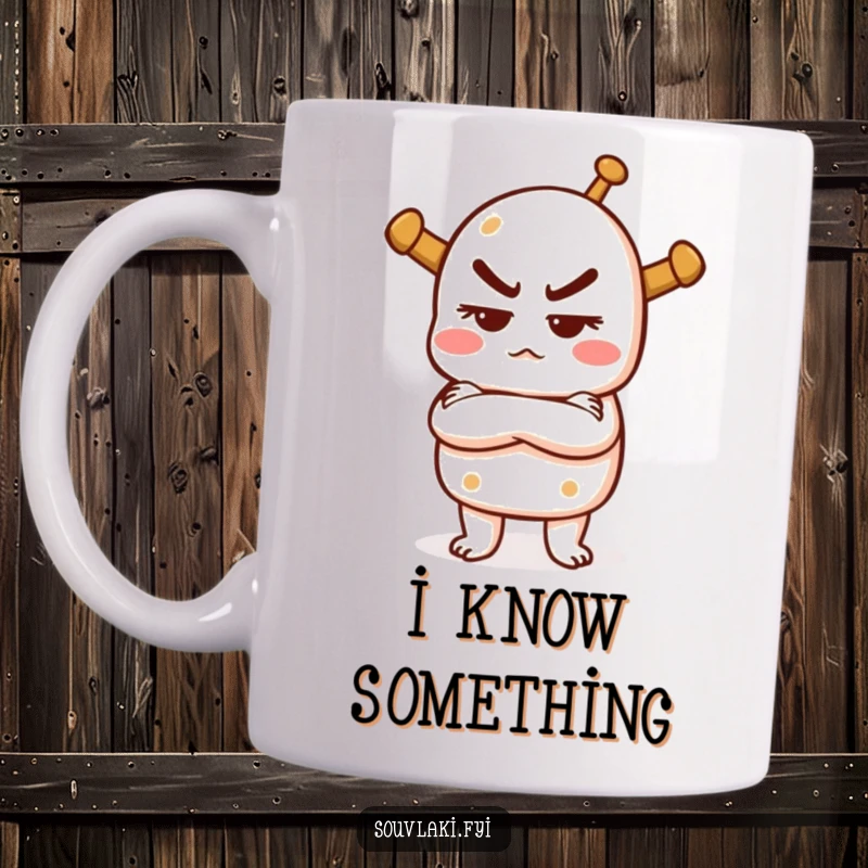 Funny mug showing a souvlaki with crossed arms, looking slightly mischievous, embodying a playful and confident attitude.