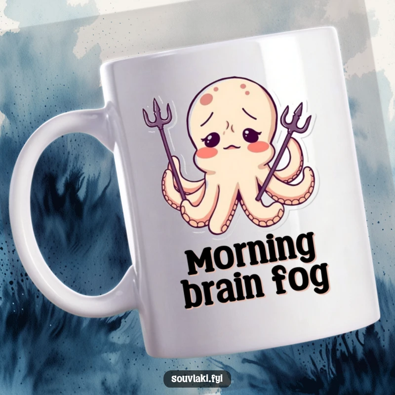 Funny Octopus Mug: A confused octopus character wears a tiny trident tilted sideways, expressing comical bewilderment and undersea mishaps.