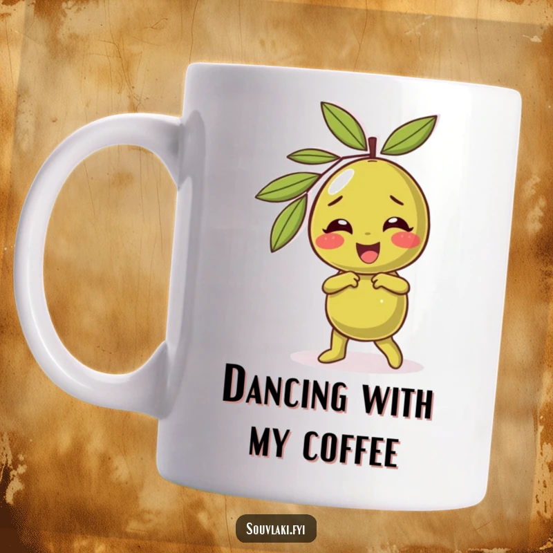 Funny olive mug featuring a giggling character enthusiastically attempting a silly dance with joyful, uninhibited movements.