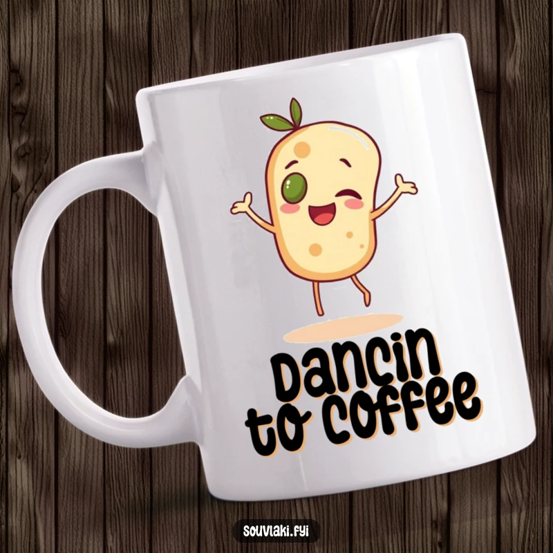 Funny cheerful pita bread character with an olive eye, joyfully dancing, on a mug, a fun gift.