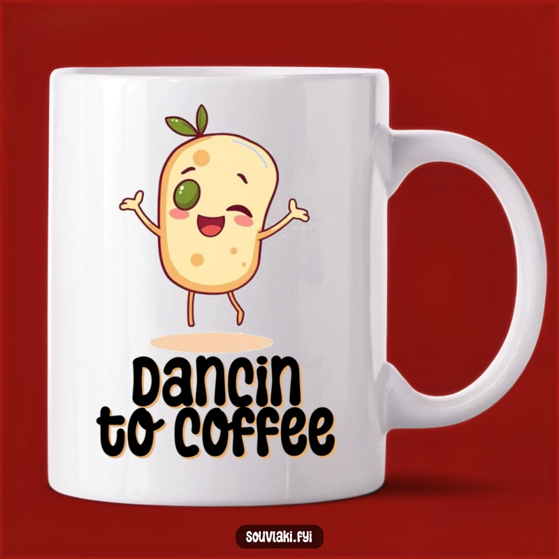 Funny Pita Dance Mug: Cheerful Olive-Eyed Bread Character Gift