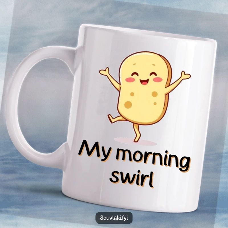 Funny mug featuring a smiling pita bread character mid-wobbly pirouette, radiating joy and comedic movement.